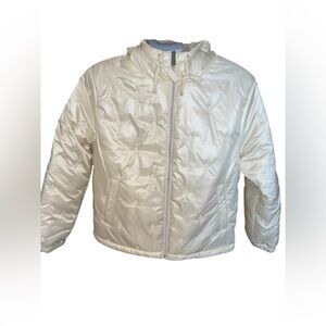 Kenneth Cole Jacket Womens Cream Full Zip Puffer Hooded Embroidered NWT